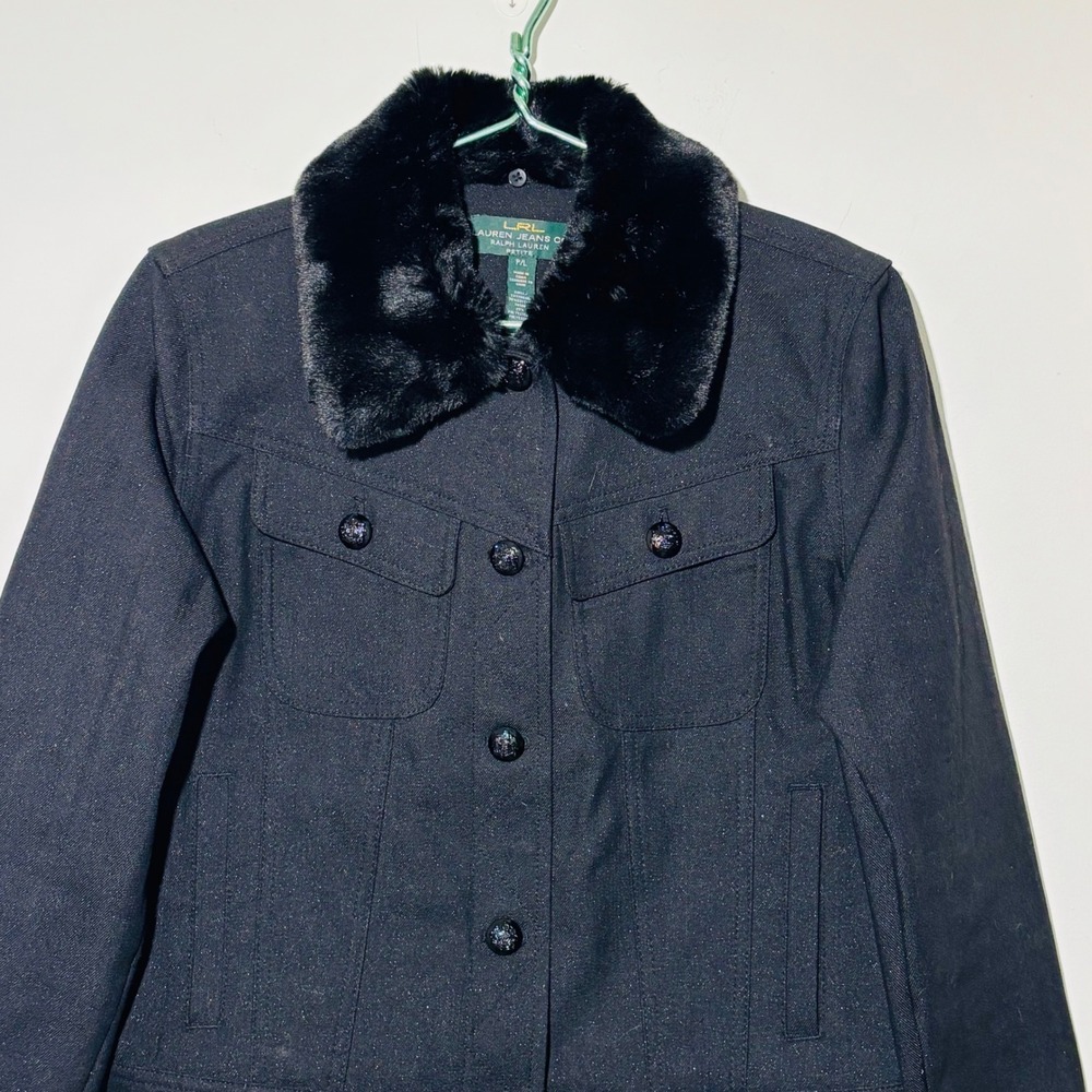 Lauren Ralph Lauren Black ShimmerDenim Faux Fur Collar JacketWomen's Sz‎ LP - Picture 2 of 7